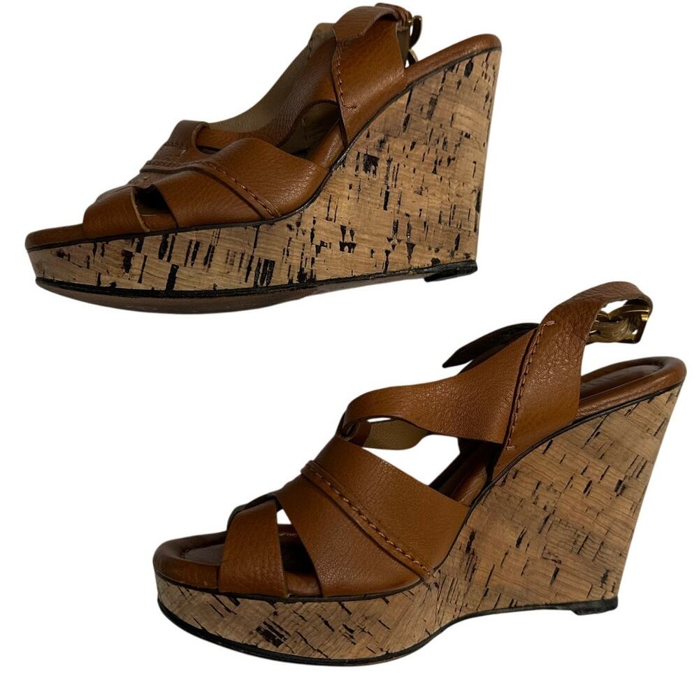 Chloe Brown Platform Sandals Leather Ankle Strap Cork Wedge - Picture 5 of 10